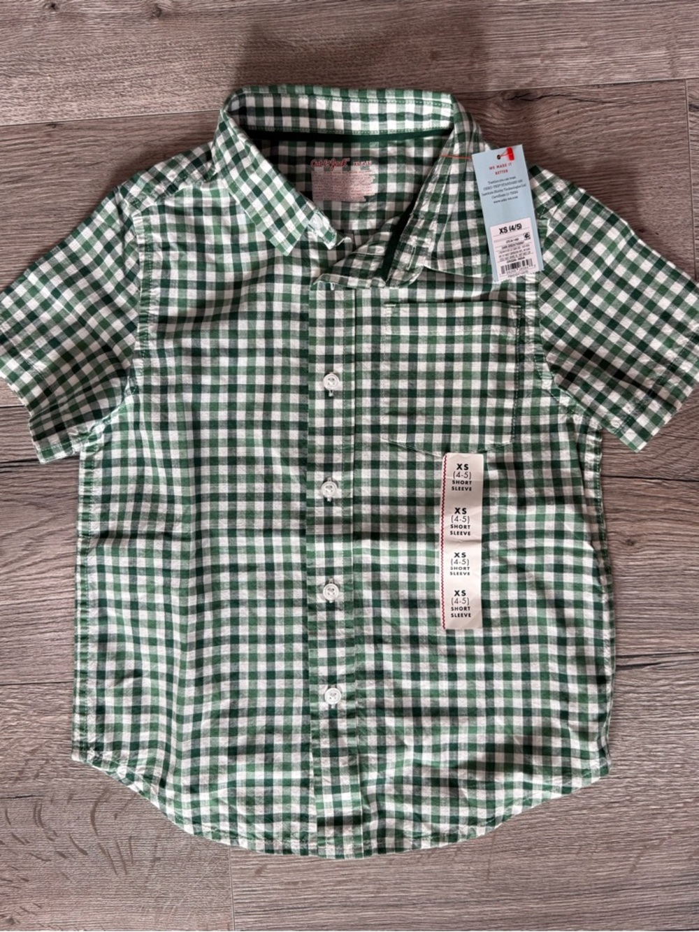 Cat & Jack Boys XS Green and White Gingham Short-Sleeve Button-Down Shirt - NWT!